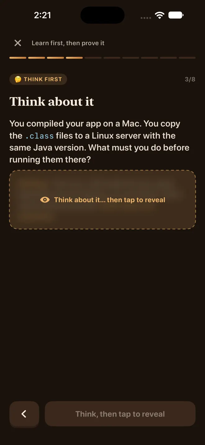 Brewlearn lesson asking the learner to think before revealing the answer